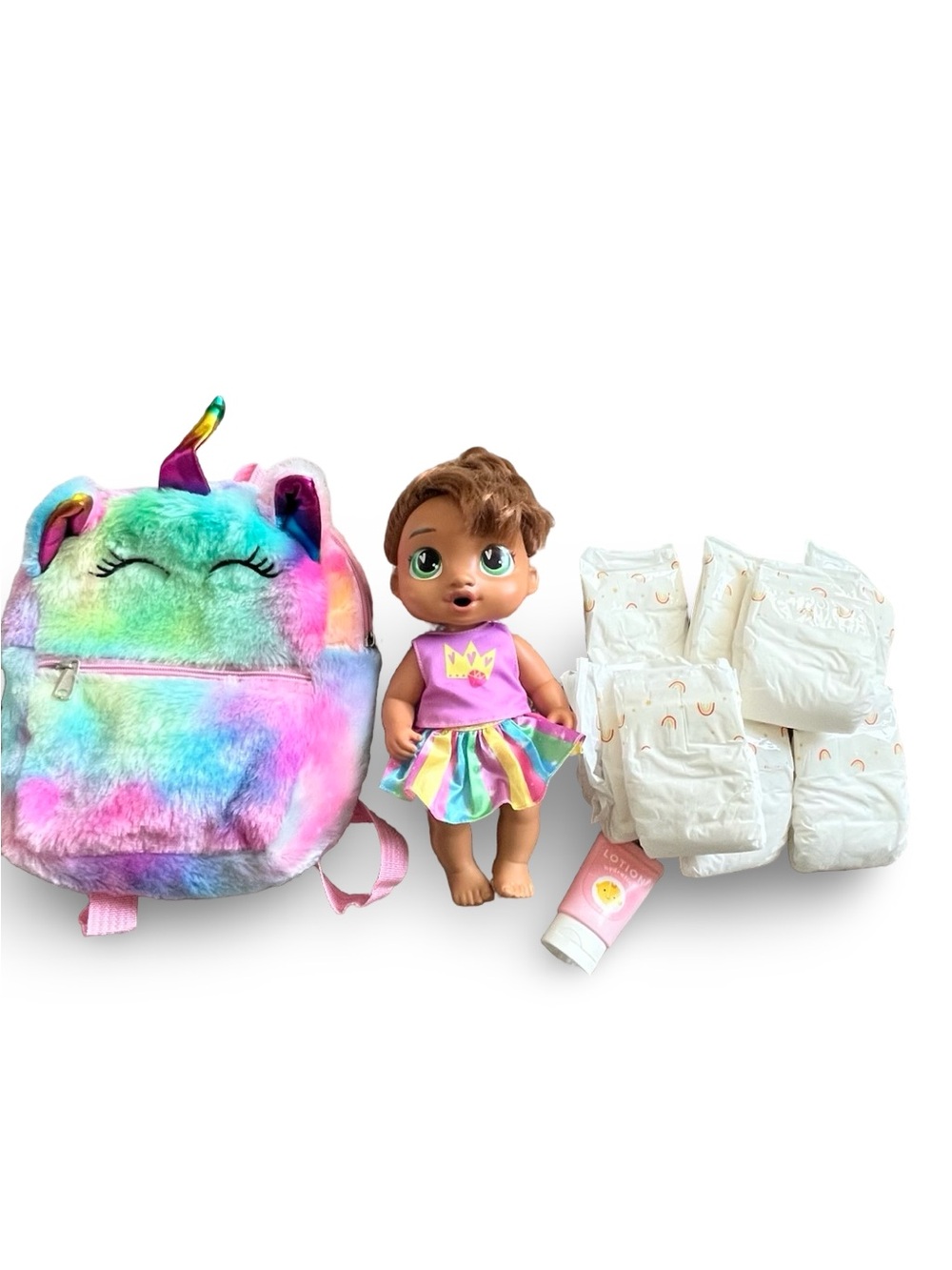 Baby Alive Doll Lot- diapers and Rainbow Unicorn Diaper Bag Back Pack